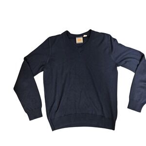Hugo Boss Orange Sweater Mens Medium Navy Blue V Neck Pullover Knit Long Sleeve